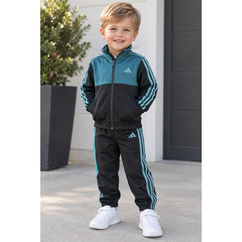 Adidas Toddler Boys Tracksuit Set Teal Black 3-Stripe Jacket Pants 2T AG10668